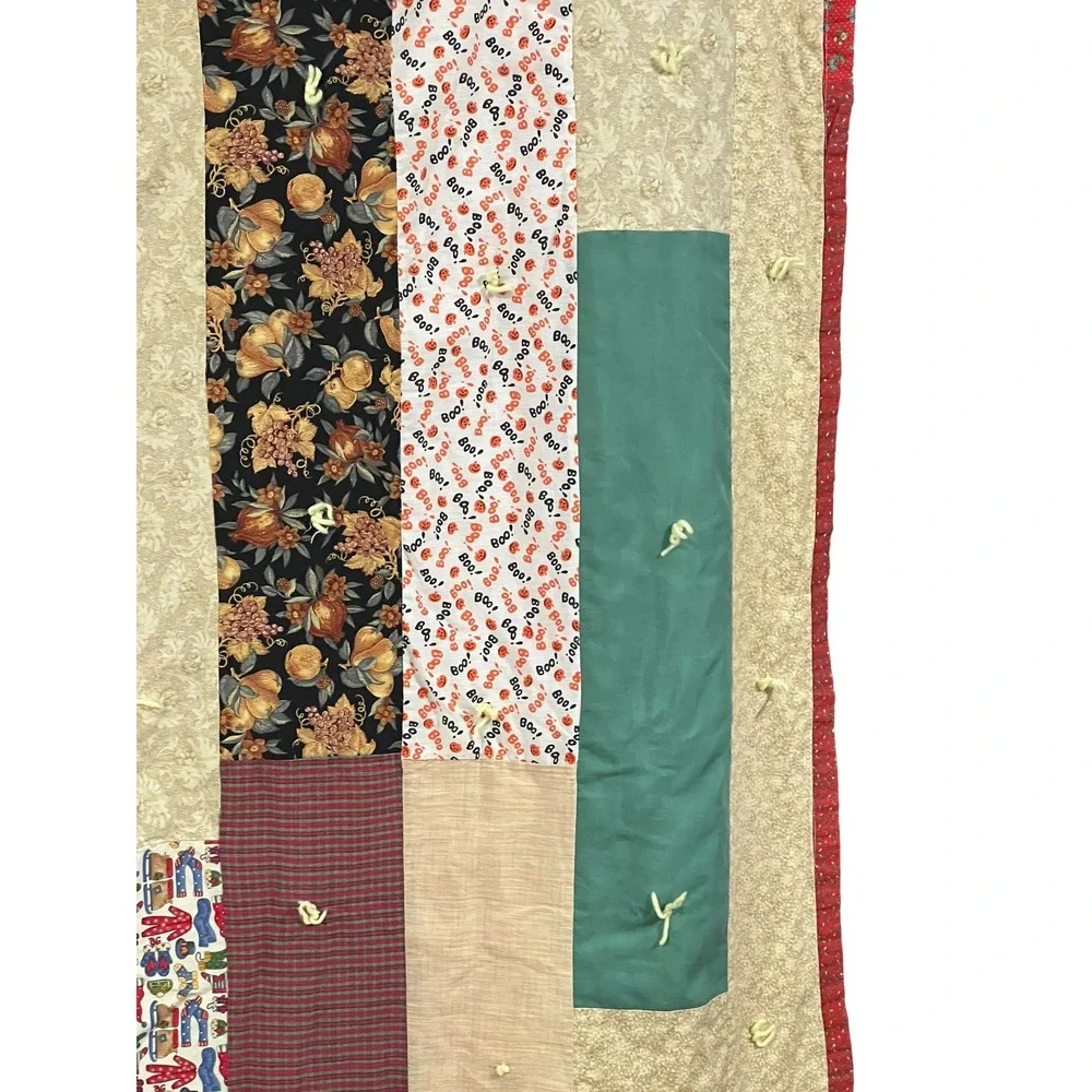 Handmade Twin Strip Quilt Scrappy Tied Patchwork Cottage 52x80